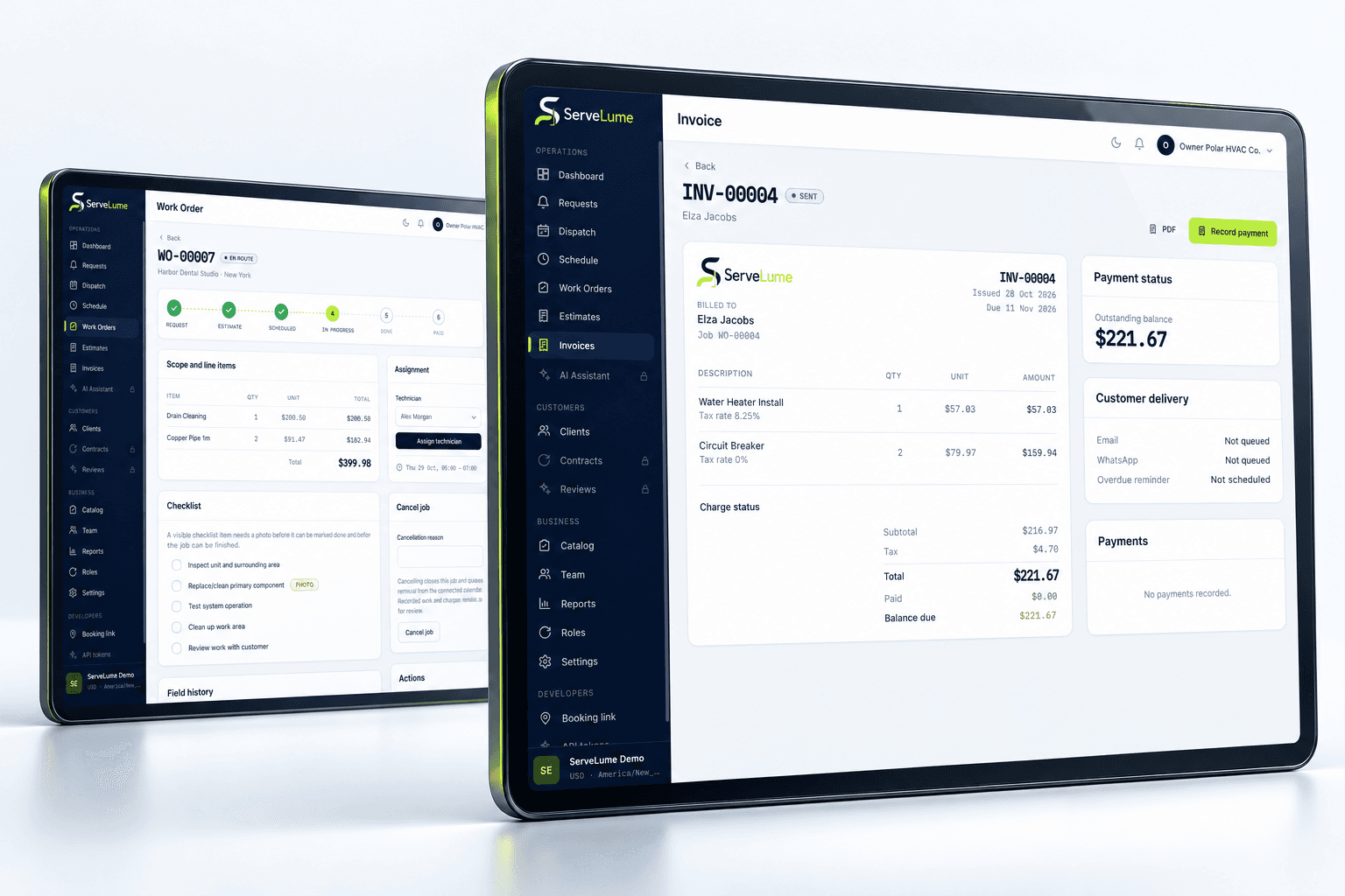 ServeLume invoice and work-order interfaces in a dimensional product composition