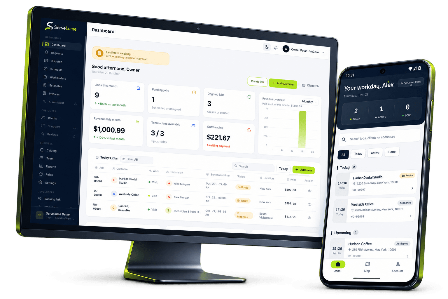 ServeLume dashboard and Android field app in a dimensional device composition